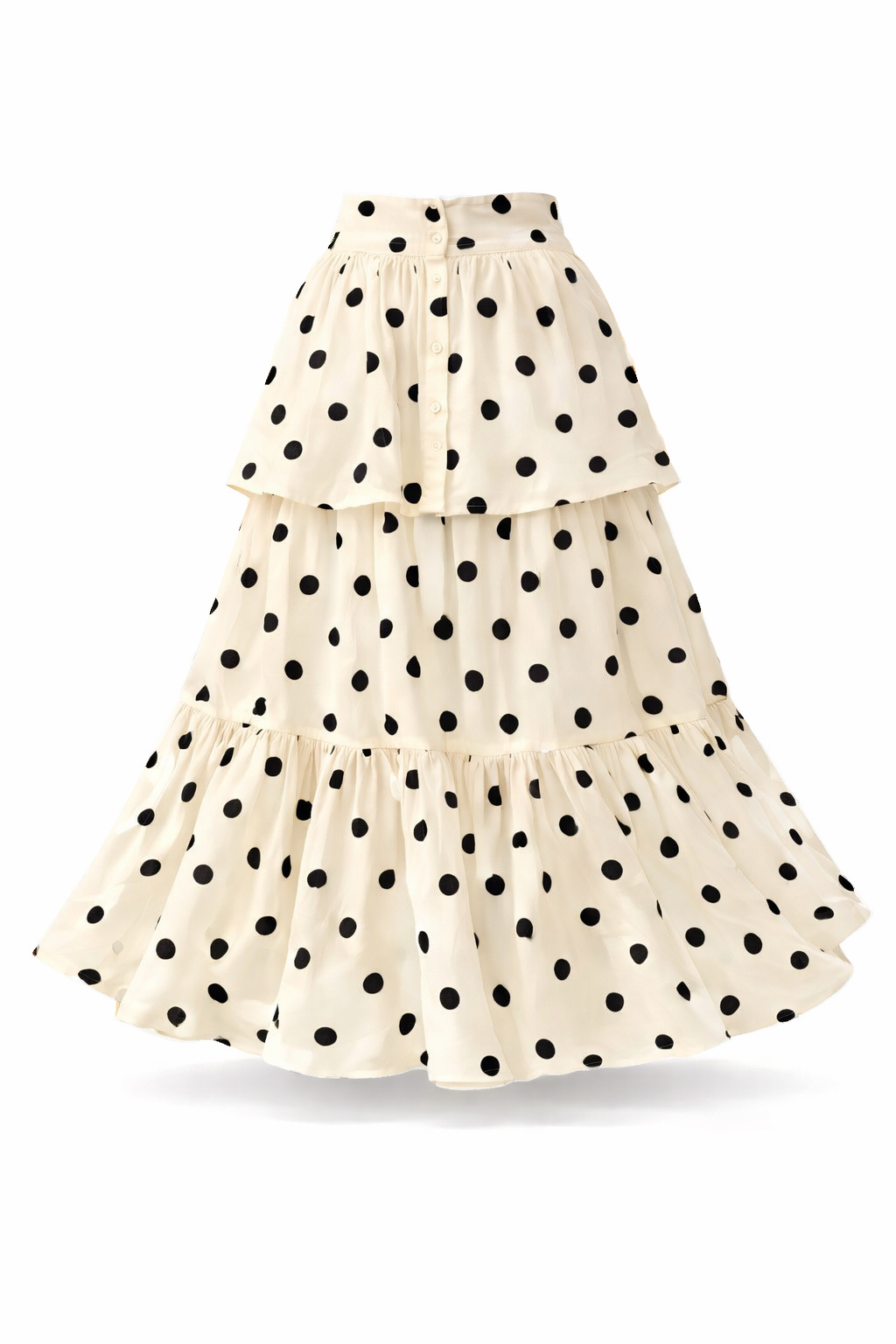 Jupe longue fluide à volants – Pois noirs